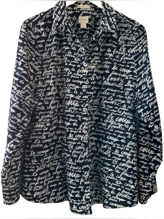 Chico's Tops - Chico’s Button Up Shirt No-Iron All over Print Coup de Foudre Navy White